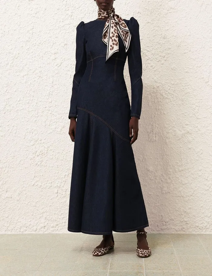 Women Clothing Zimmermann Illustration Denim Maxi Dress Night Sky