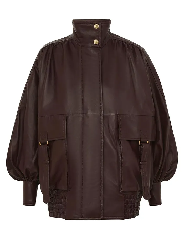 Women Clothing Zimmermann Illustration Leather Jacket Mahogany