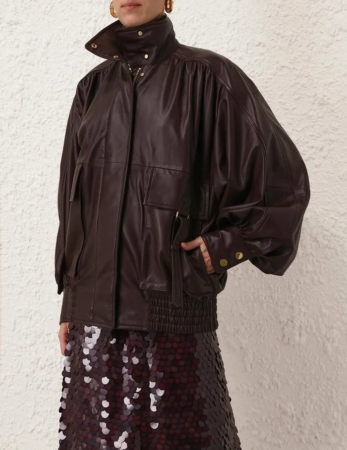Women Clothing Zimmermann Illustration Leather Jacket Mahogany