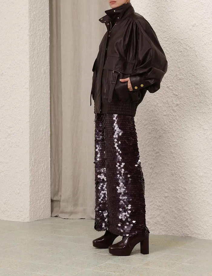 Women Clothing Zimmermann Illustration Leather Jacket Mahogany