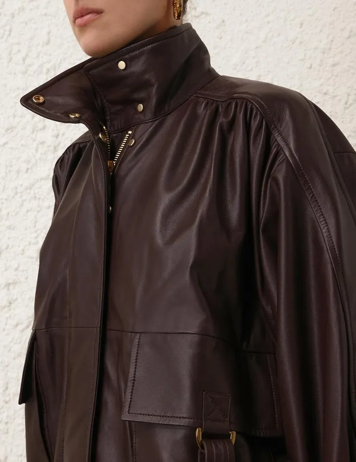 Women Clothing Zimmermann Illustration Leather Jacket Mahogany