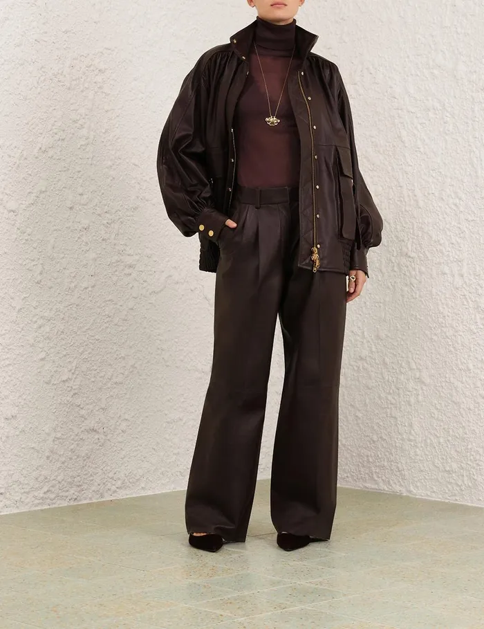 Women Clothing Zimmermann Illustration Leather Jacket Mahogany