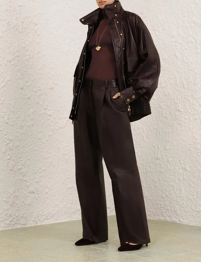 Women Clothing Zimmermann Illustration Leather Jacket Mahogany