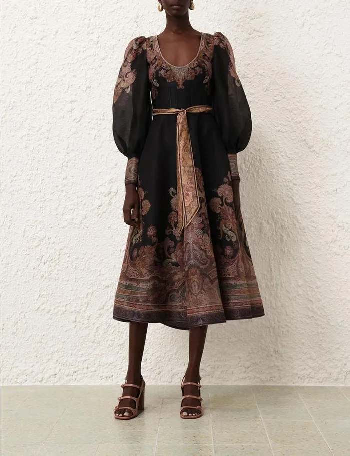 Women Clothing Zimmermann Illustration Structured Dress Black Paisley