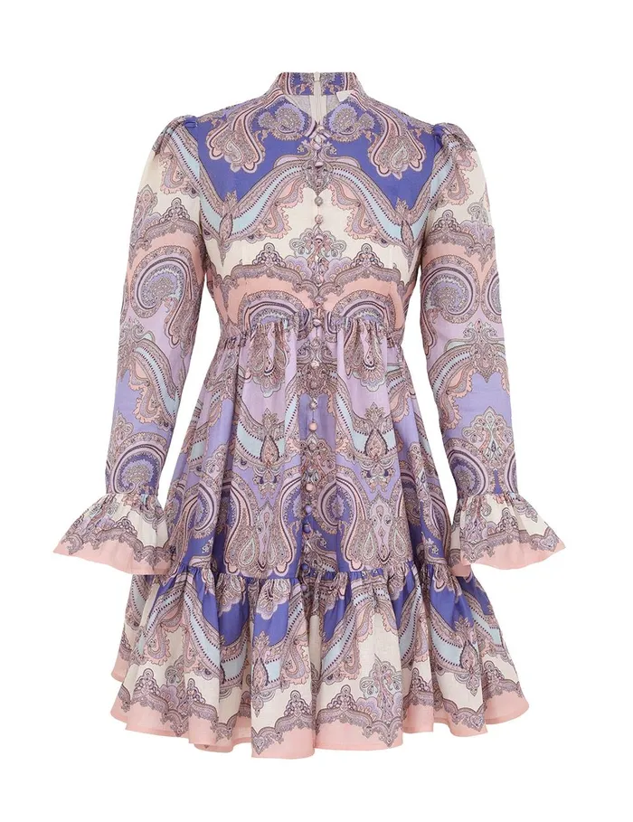 Women Clothing Zimmermann Maxine Long Sleeve Mini Dress Purple Paisley
