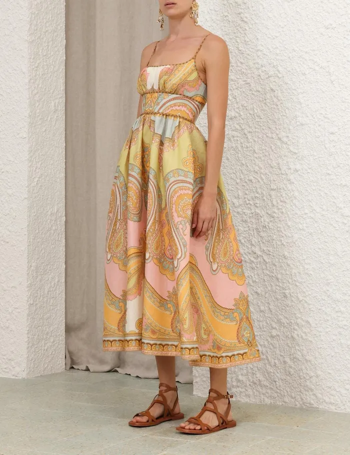 Women Clothing Zimmermann Maxine Picnic Midi Dress Gold Paisley