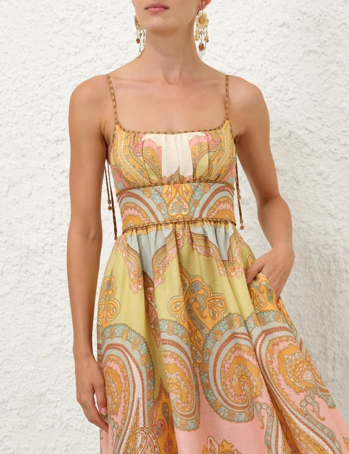 Women Clothing Zimmermann Maxine Picnic Midi Dress Gold Paisley