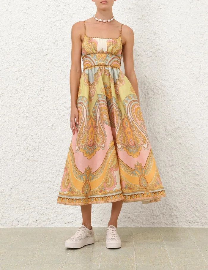 Women Clothing Zimmermann Maxine Picnic Midi Dress Gold Paisley