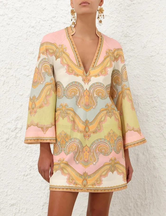 Women Clothing Zimmermann Maxine Tunic Mini Dress Gold Paisley