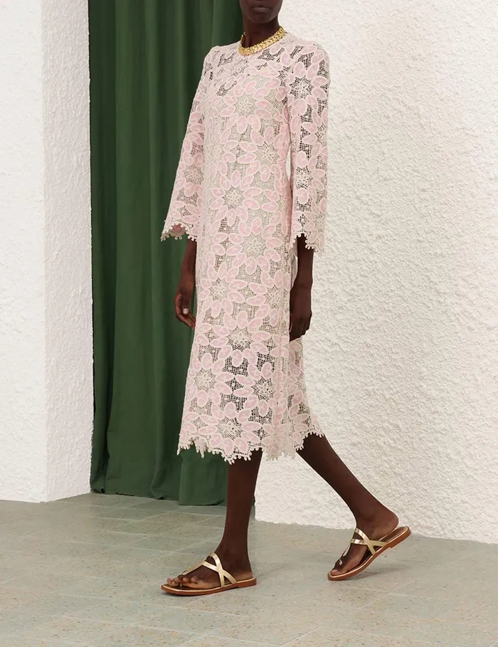 Women Clothing Zimmermann Ottie Lace Midi Dress Creampink