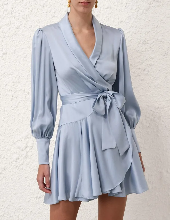 Women Clothing Zimmermann Silk Wrap Mini Dress Pale Blue
