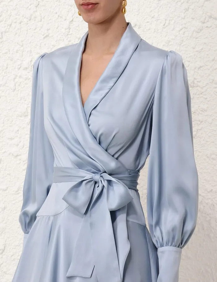 Women Clothing Zimmermann Silk Wrap Mini Dress Pale Blue
