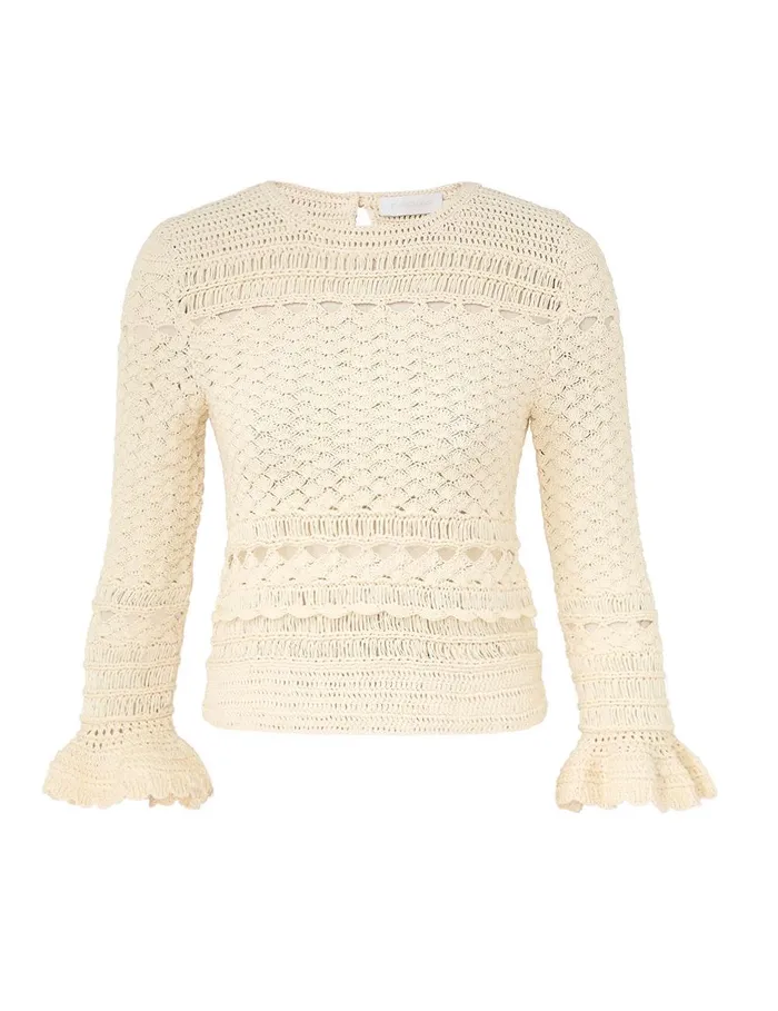 Women Clothing Zimmermann Waverly Crochet Crew Neck Top Cream