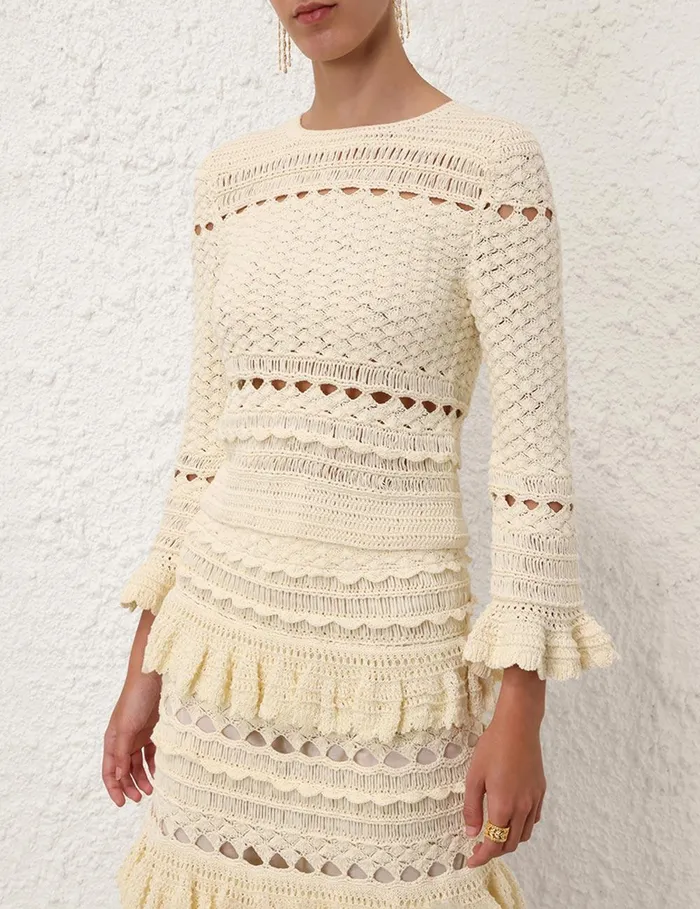 Women Clothing Zimmermann Waverly Crochet Crew Neck Top Cream