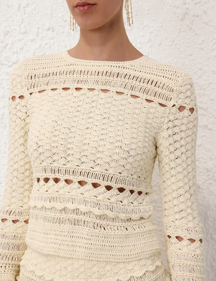 Women Clothing Zimmermann Waverly Crochet Crew Neck Top Cream