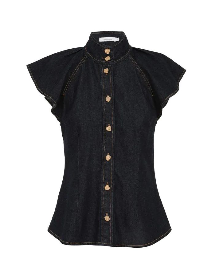 Women Denim Zimmermann Crush Flutter Sleeve Shirt Night Sky