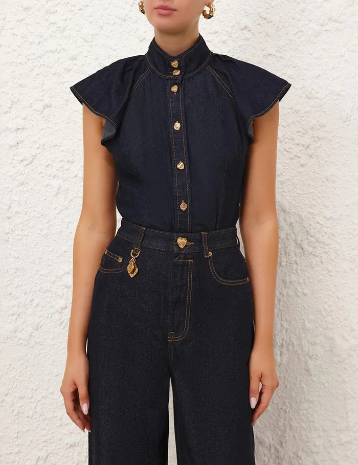 Women Denim Zimmermann Crush Flutter Sleeve Shirt Night Sky