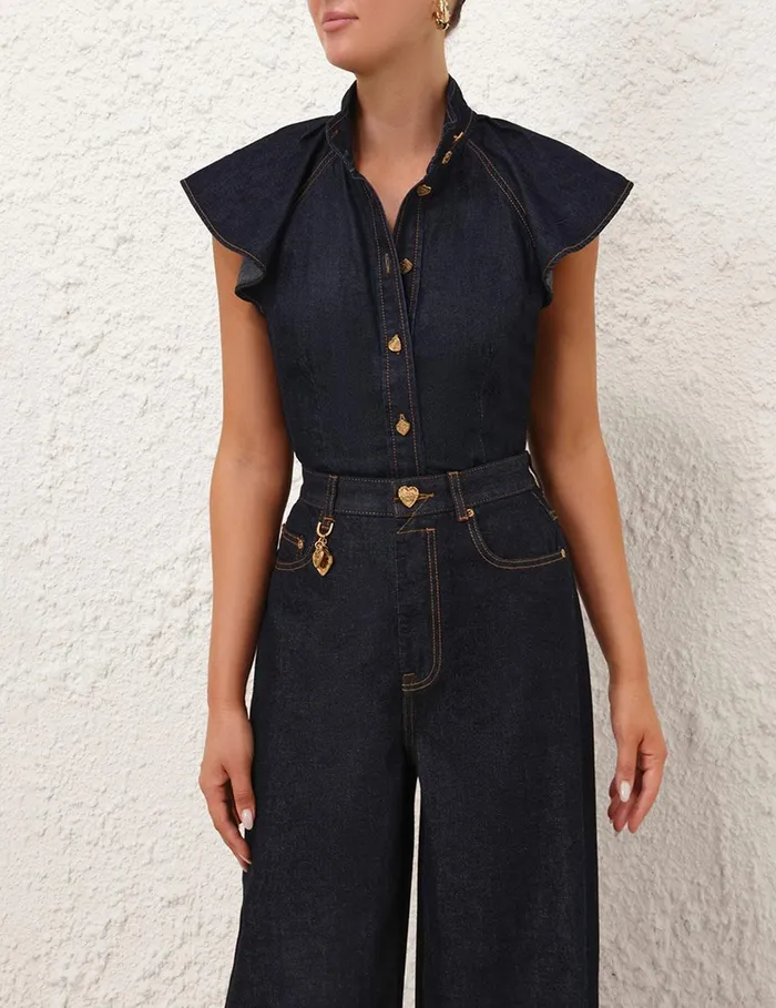 Women Denim Zimmermann Crush Flutter Sleeve Shirt Night Sky
