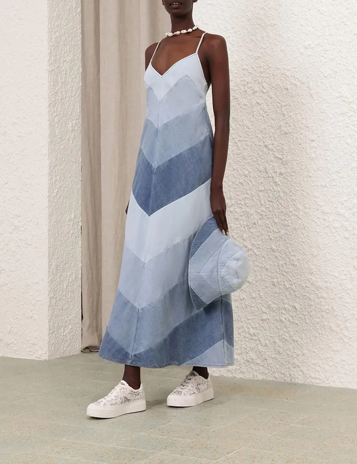 Women Denim Zimmermann Tallow Chevron Maxi Dress Chevron