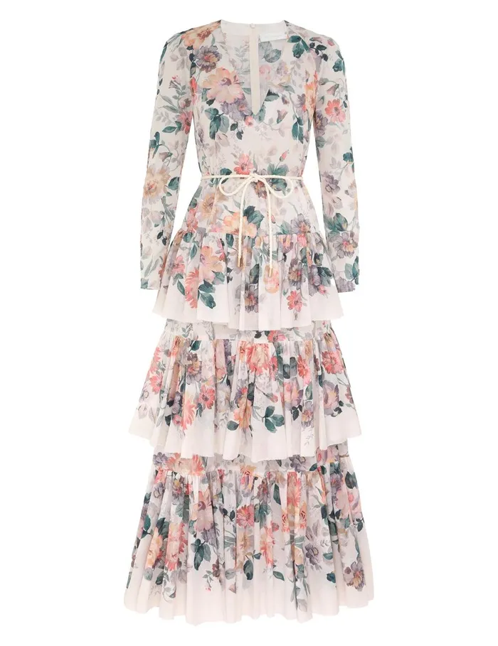 Women Dresses and Coverups Zimmermann Acacia Tiered Maxi Dress Cream Multi Floral