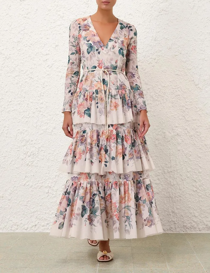 Women Dresses and Coverups Zimmermann Acacia Tiered Maxi Dress Cream Multi Floral