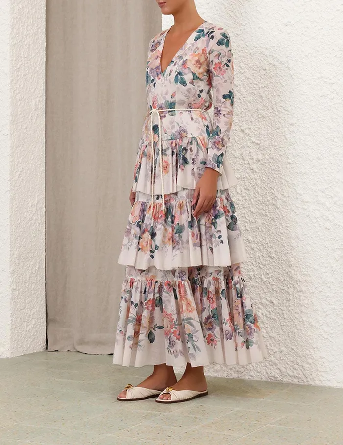 Women Dresses and Coverups Zimmermann Acacia Tiered Maxi Dress Cream Multi Floral