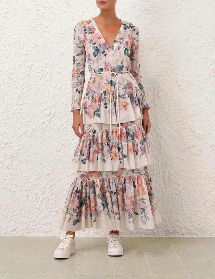 Women Dresses and Coverups Zimmermann Acacia Tiered Maxi Dress Cream Multi Floral