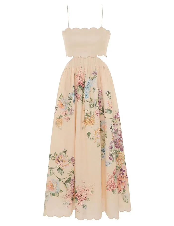 Women Dresses and Coverups Zimmermann Halliday Scallop Midi Dress Cream Watercolour Floral