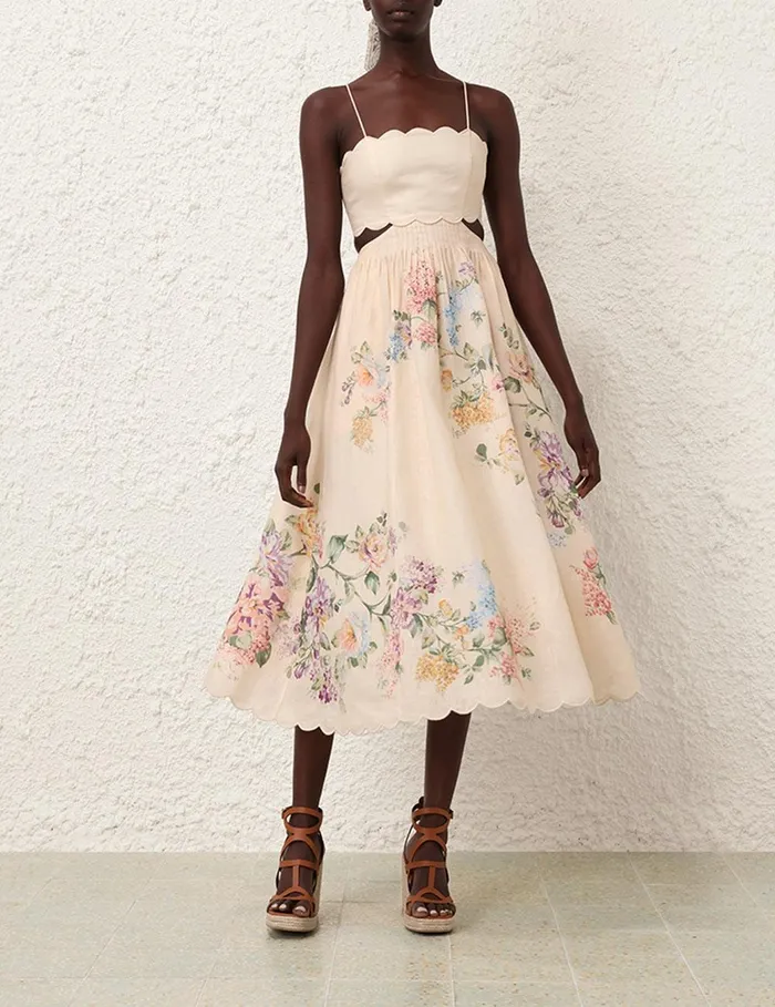 Women Dresses and Coverups Zimmermann Halliday Scallop Midi Dress Cream Watercolour Floral