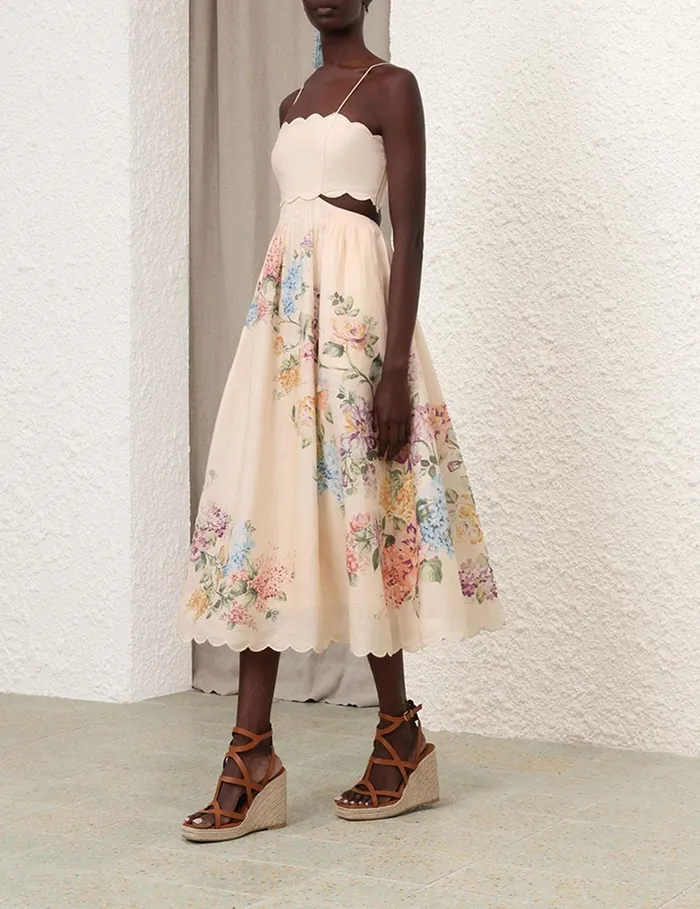 Women Dresses and Coverups Zimmermann Halliday Scallop Midi Dress Cream Watercolour Floral