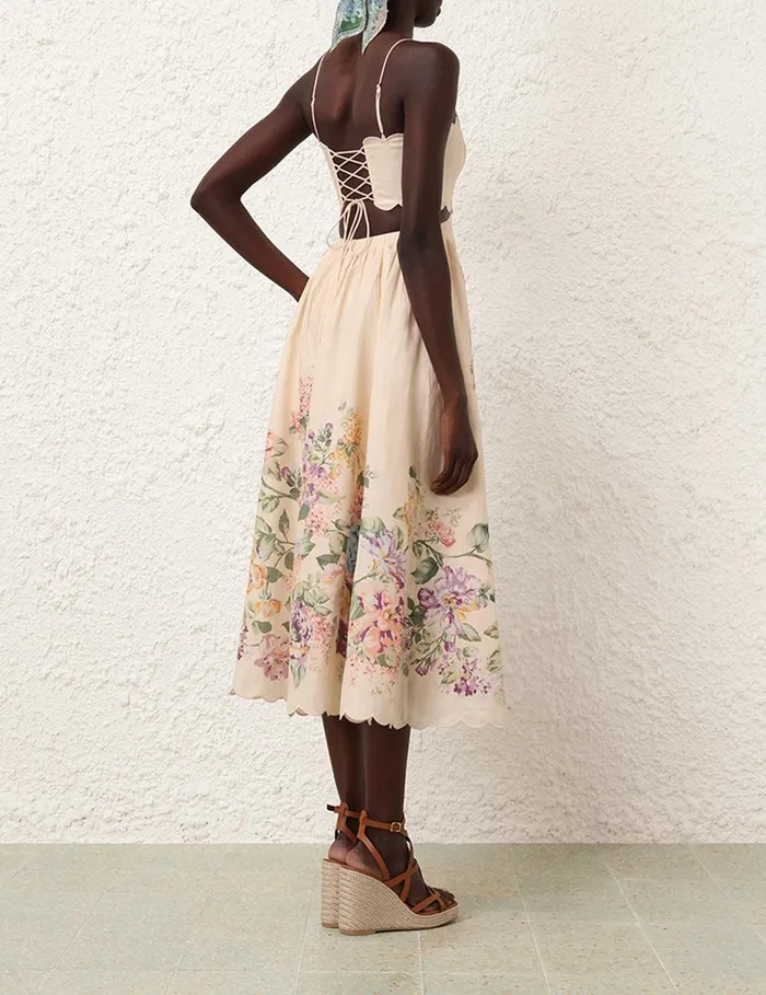 Women Dresses and Coverups Zimmermann Halliday Scallop Midi Dress Cream Watercolour Floral