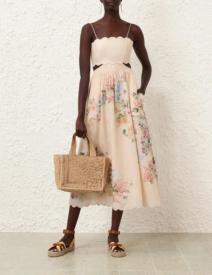 Women Dresses and Coverups Zimmermann Halliday Scallop Midi Dress Cream Watercolour Floral