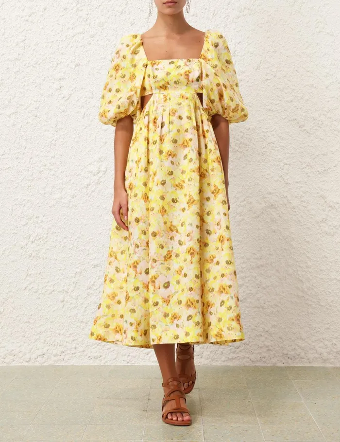 Women Dresses and Coverups Zimmermann Lightburst Cut Out Midi Dress Yellow Floral