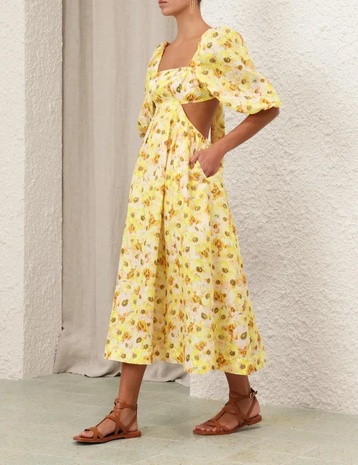 Women Dresses and Coverups Zimmermann Lightburst Cut Out Midi Dress Yellow Floral