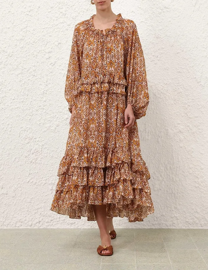 Women Dresses and Coverups Zimmermann Wylie Frill Maxi Dress Orange Ikat