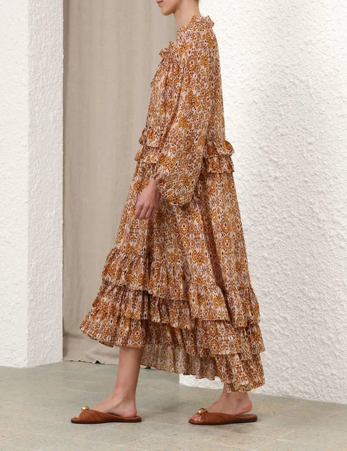 Women Dresses and Coverups Zimmermann Wylie Frill Maxi Dress Orange Ikat