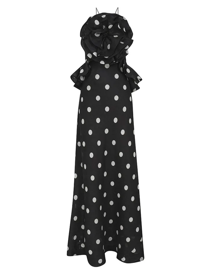 Women Dresses Zimmermann Crush Ruffle Halter Maxi Dress Blackcream Dot