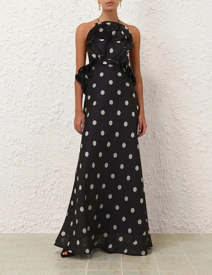 Women Dresses Zimmermann Crush Ruffle Halter Maxi Dress Blackcream Dot