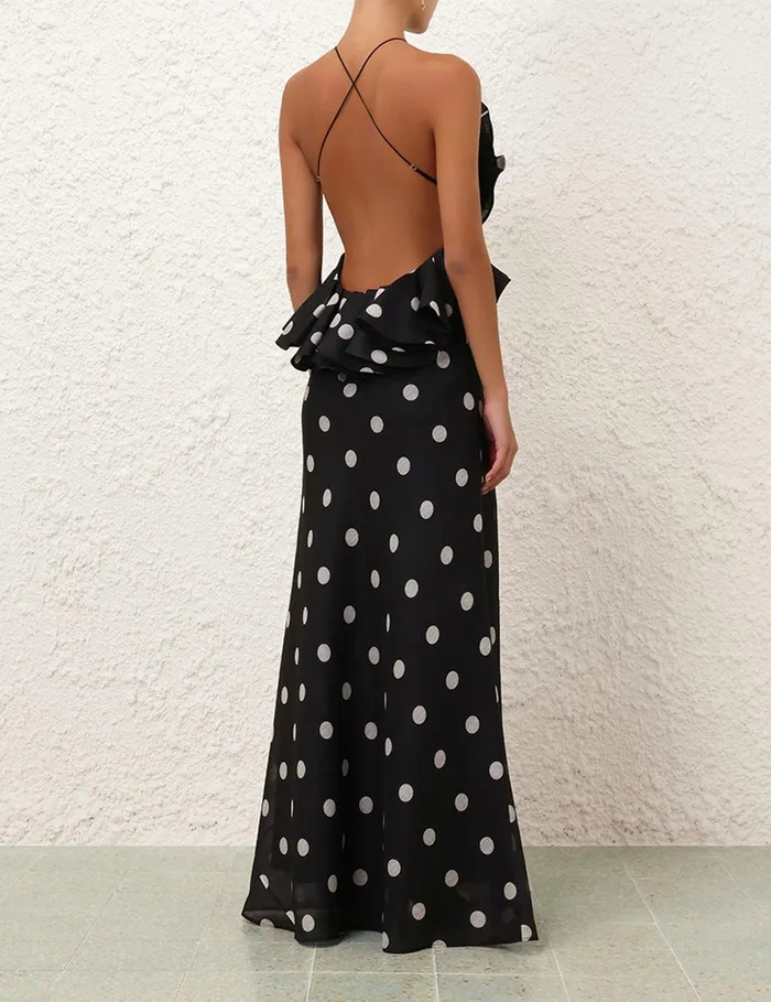 Women Dresses Zimmermann Crush Ruffle Halter Maxi Dress Blackcream Dot