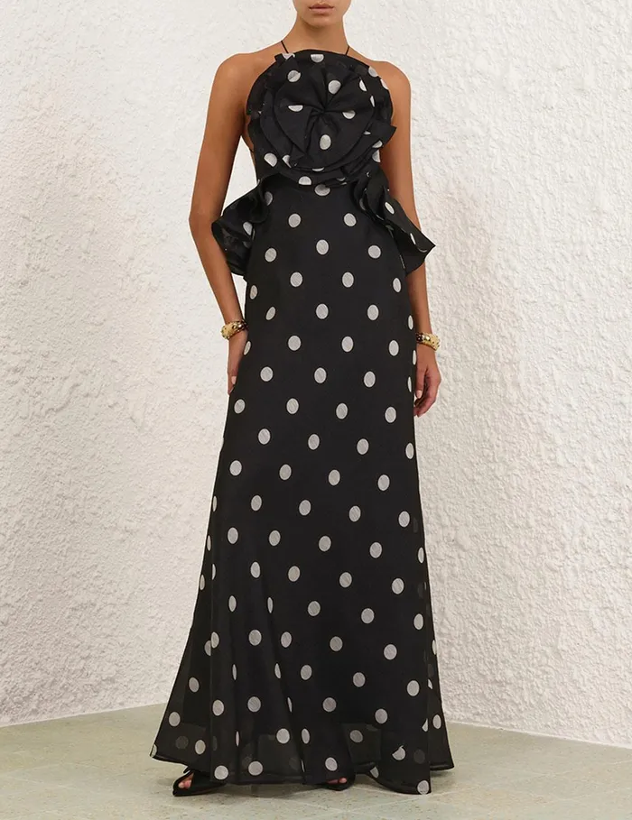 Women Dresses Zimmermann Crush Ruffle Halter Maxi Dress Blackcream Dot