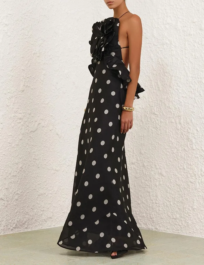 Women Dresses Zimmermann Crush Ruffle Halter Maxi Dress Blackcream Dot