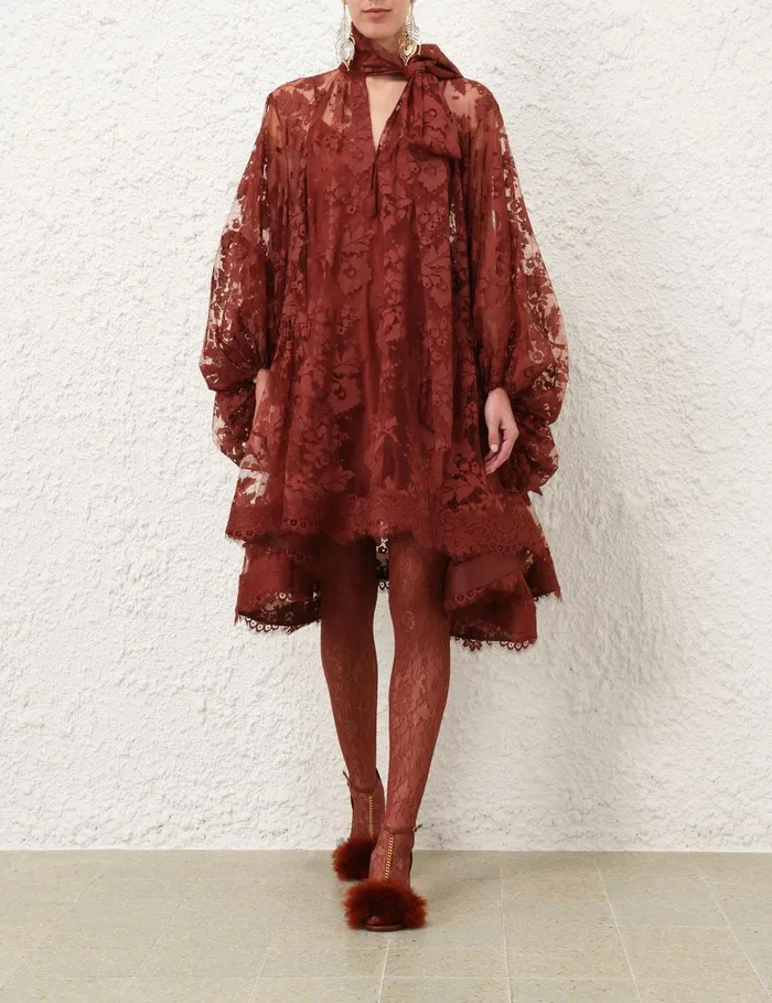 Women Dresses Zimmermann Illustration Lace Mini Dress Chestnut
