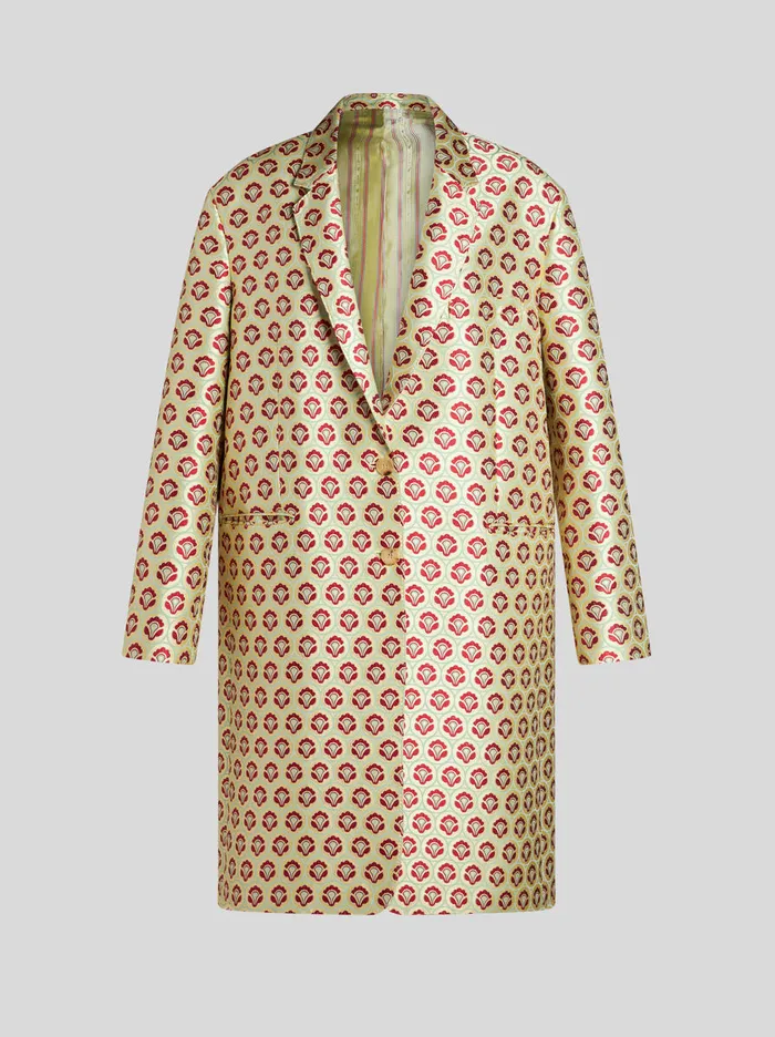 Women Etro Coats And Outerwear Shiny Jacquard Duster Coat Yellow