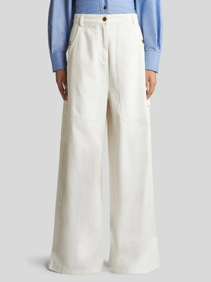 Women Etro Denim WideLeg Chevron Cotton Jeans White