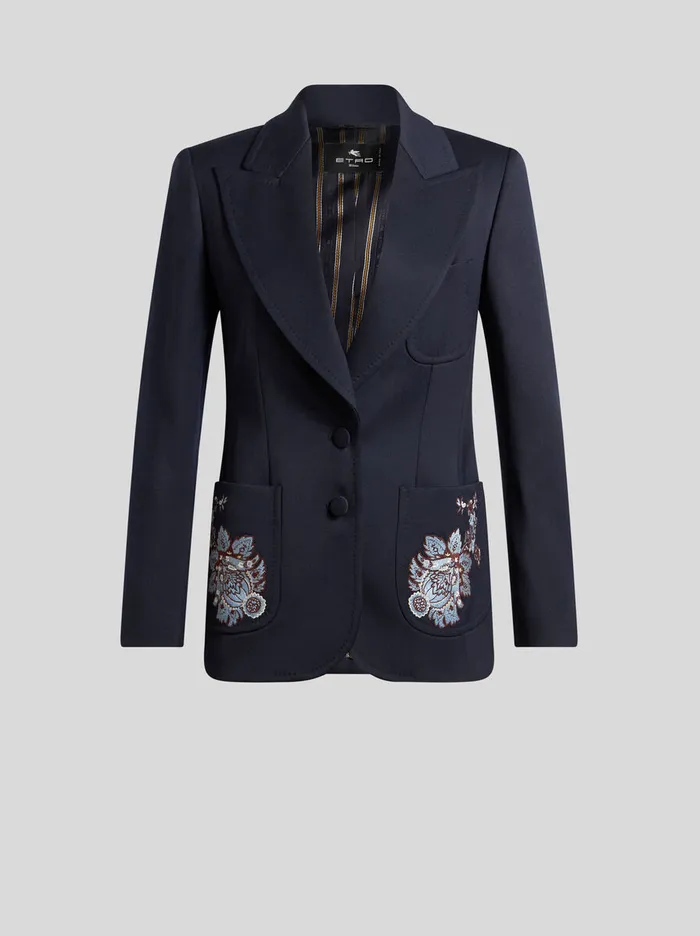 Women Etro Jackets Gabardine Jacket With Embroidery Navy Blue