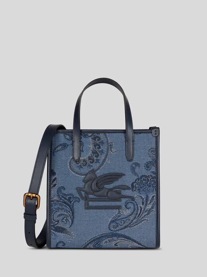 Women Etro Shopping Bags Small Denim Jacquard Love Trotter Bag Navy Blue