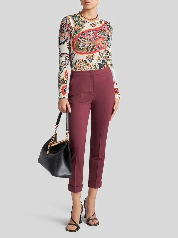 Women Etro Trousers Cropped Stretch Wool Trousers Burgundy Women Etro Trousers Cropped Stretch Wool Trousers Burgundy
