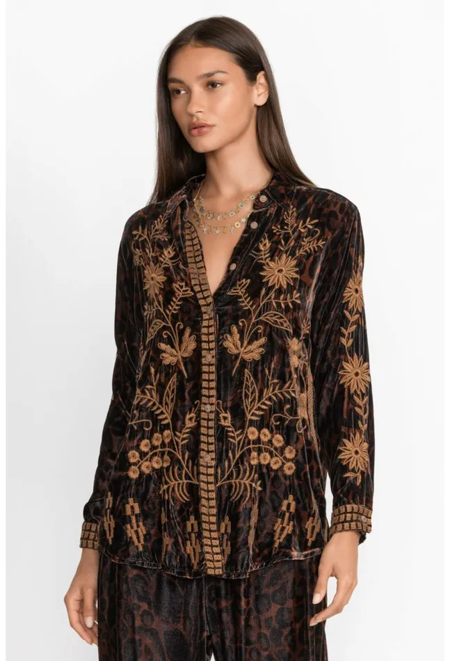 Women Georgina Velvet Oversized Shirt French Leopard Johnny Was Tops