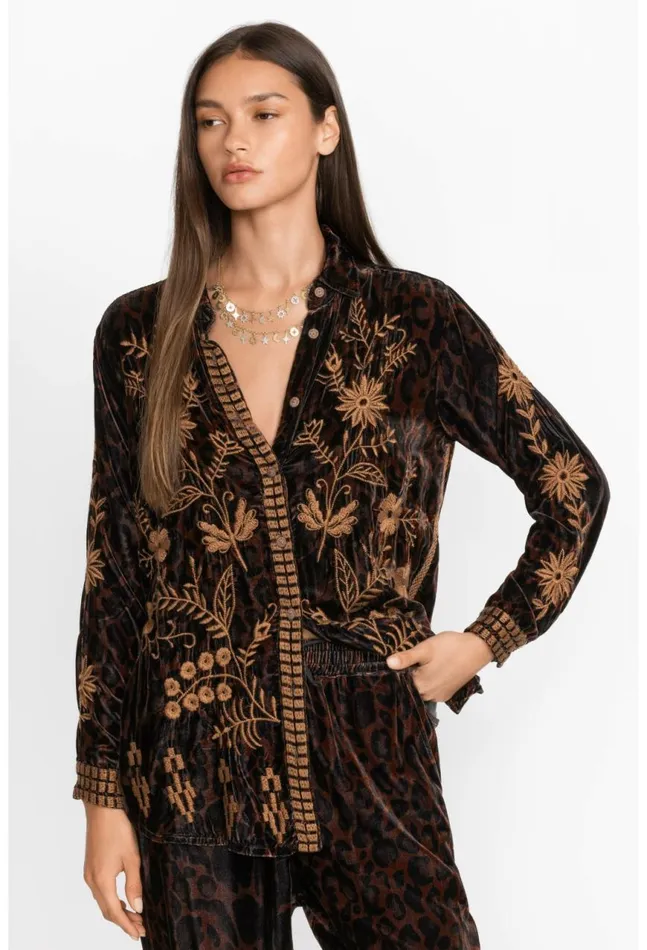 Women Georgina Velvet Oversized Shirt French Leopard Johnny Was Tops