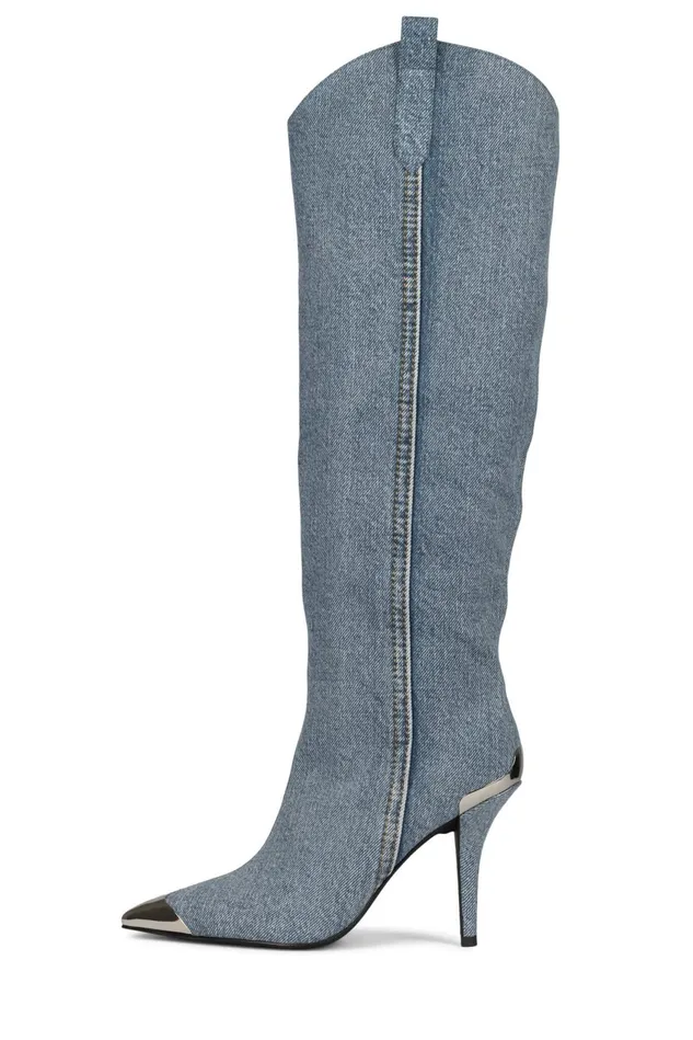 Women Jeffrey Campbell Knee To Thigh BYGOLLY Blue Acid Wash Denim Silver